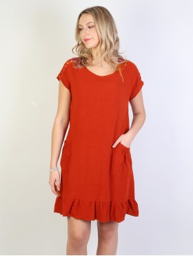 Shift Dress with Flouncy Edge. Cut-out Shoulder and Pockets